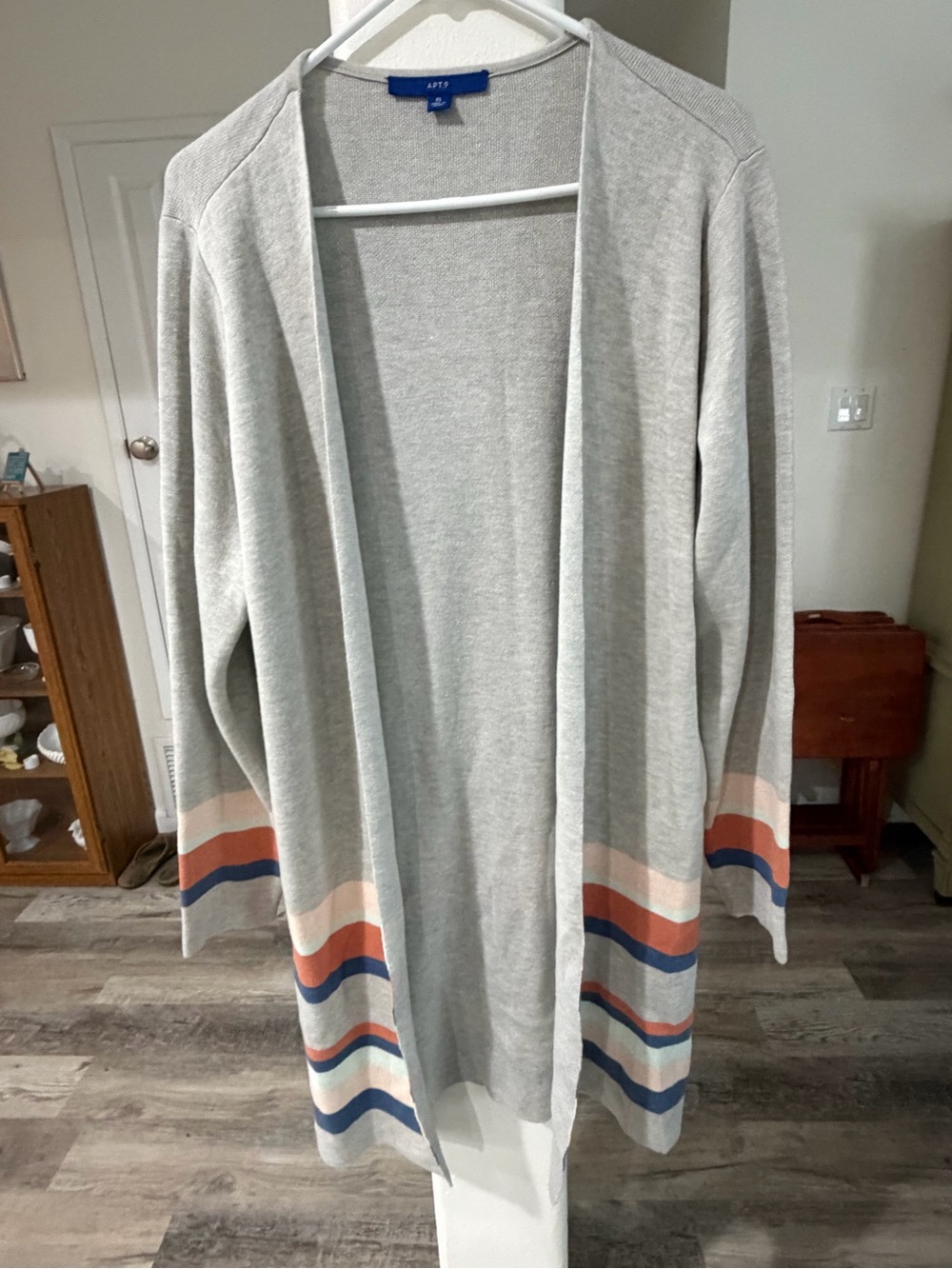 Apt. 9 Light Gray Open Cardigan with Coral, Navy & Cream Stripes